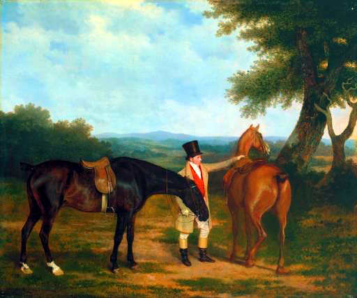 Две охотничьих лошади и конюх. Жак-Лоран Агас