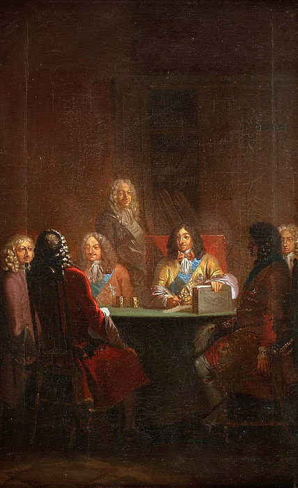 Кристиан V представляет датский закон 1683 года. Николай Абрахам Абильгор