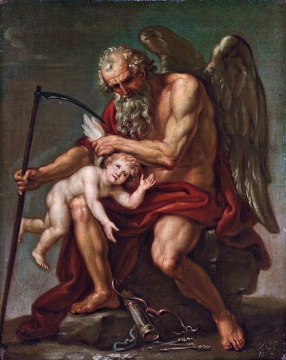 Saturn with a scythe, sitting on a stone and clipping Cupid’s wings