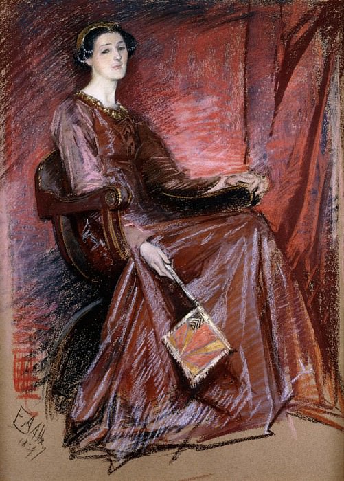 Seated Woman Wearing Elizabethan Headdress. Edwin Austin Abbey