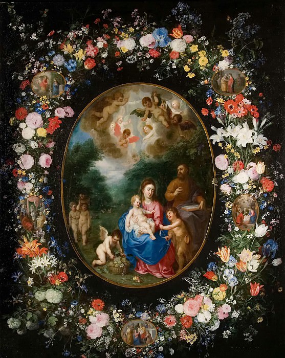 The Holy Family with John the Baptist in the floral garland. Jan Brueghel the Younger