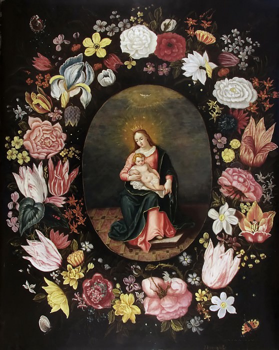 Madonna and Child and the Holy Spirit in a frame of wreath of flowers. Jan Brueghel the Younger