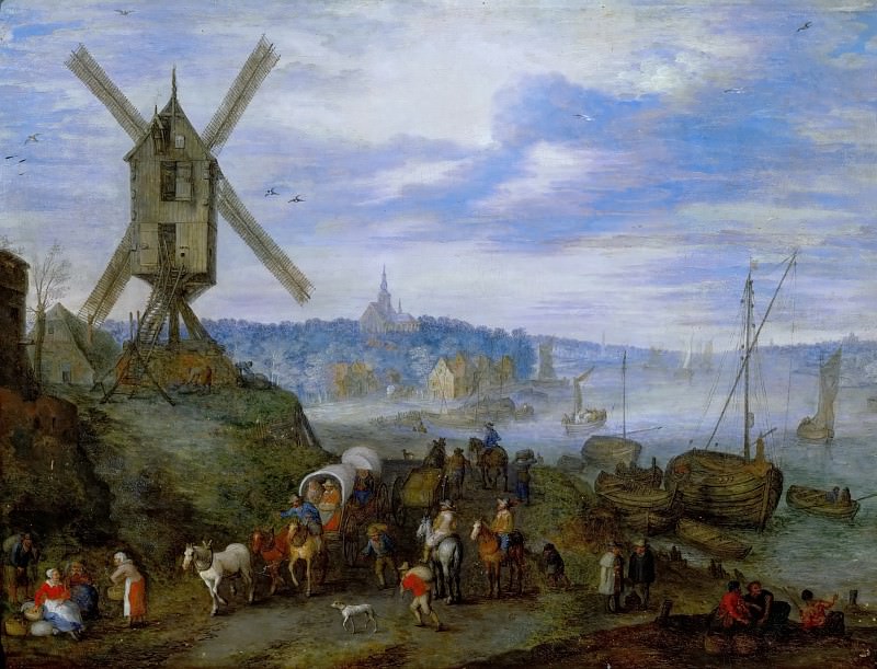 Пейзаж с морским портом и мельницей, Ян Брейгель Старший