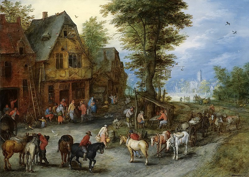 Деревенский пейзаж с лошадьми, повозками и фигурами у домов. Ян Брейгель Старший