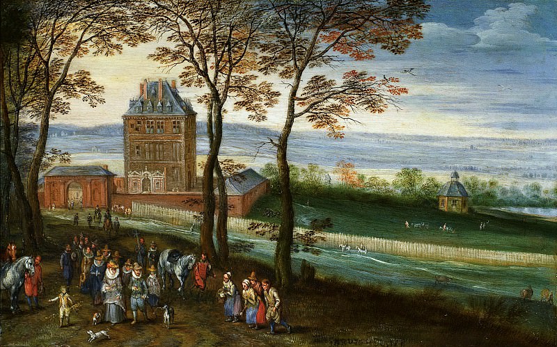 Landscape with the castle Mariemont Hainaut with the foreground archducal couple Albert and Isabella. Jan Brueghel The Elder