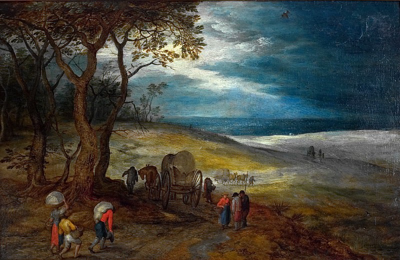 The hilly landscape with travelers and carts, Jan Brueghel The Elder