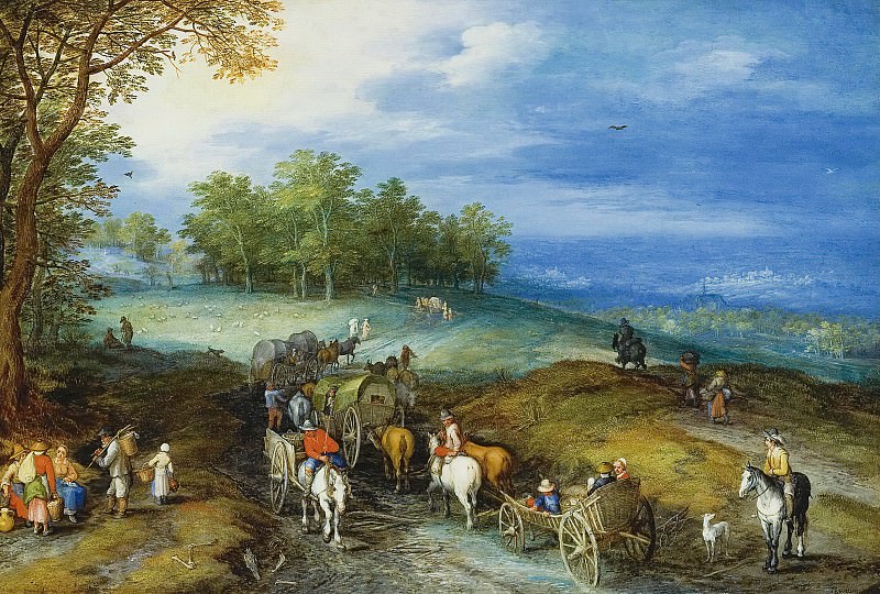 Landscape with rider, farmers cart-feeders on road. Jan Brueghel The Elder