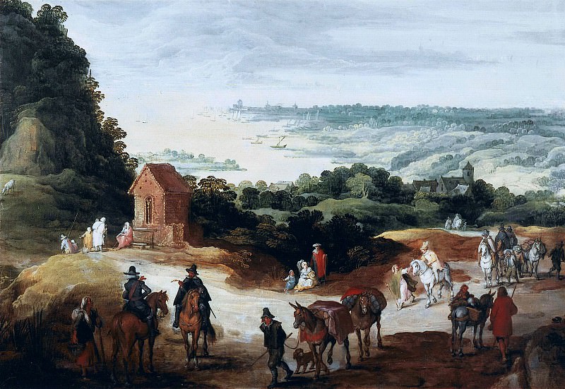 Extensive river landscape with travelers. Jan Brueghel The Elder
