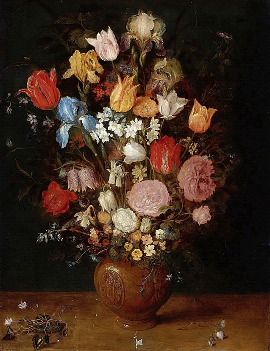 Натюрморт с тюльпанами, нарциссами, ирисами и рябчиками в гляняной вазе. Ян Брейгель Старший