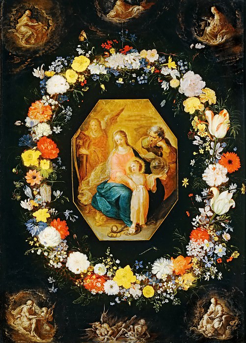 Holy Family in a flower garland. Jan Brueghel The Elder