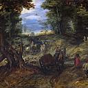 Bosque con carretas atraversando un arroyo y jinetes, Jan Brueghel The Elder