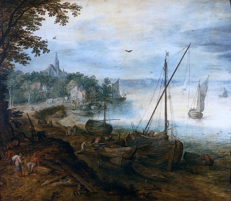 River landscape with woodcutters. Jan Brueghel The Elder
