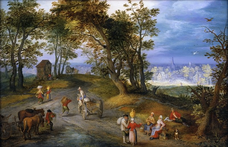 Landscape with figures on a road. Jan Brueghel The Elder