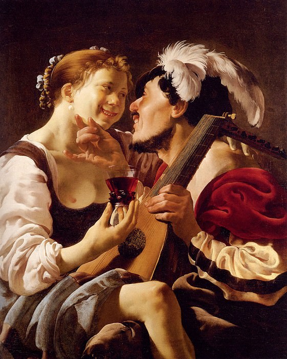 Terbrugghen Hendrick A Luteplayer Carousing With A Young Woman Holding A Roemer. Hendrick Terbrugghen
