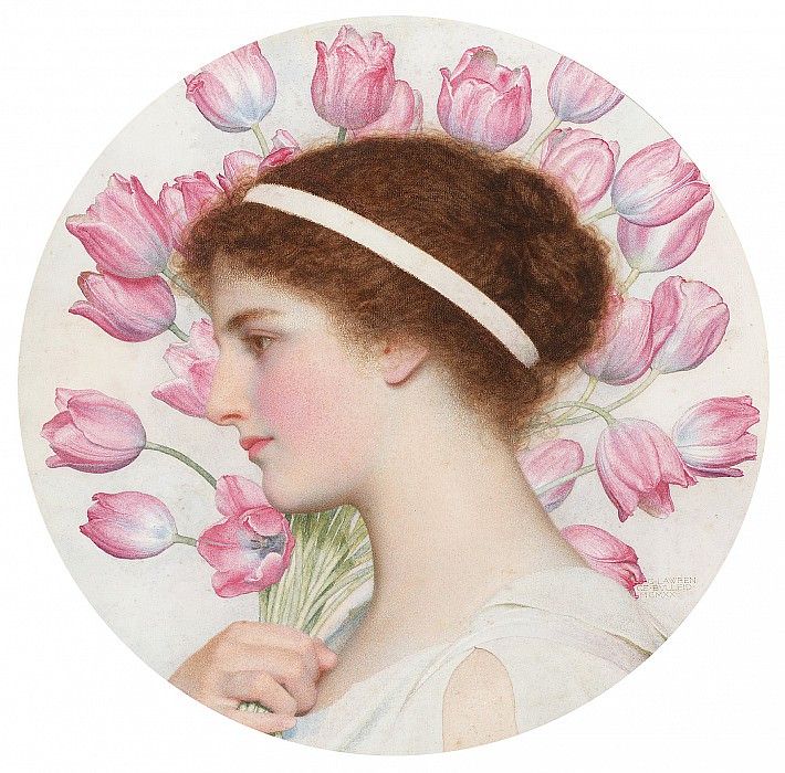 A girl in classical dress bearing tulips. George Lawrence Bulleid