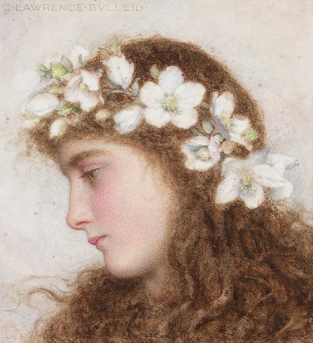 A girl wearing a garland of wild roses. George Lawrence Bulleid