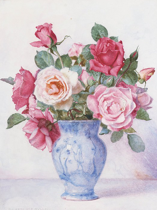 A still life of Roses in a blue and white vase. George Lawrence Bulleid