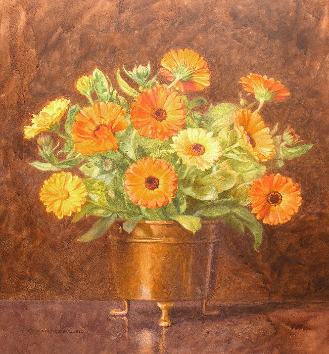 Still life of marigolds in a brass vase. George Lawrence Bulleid