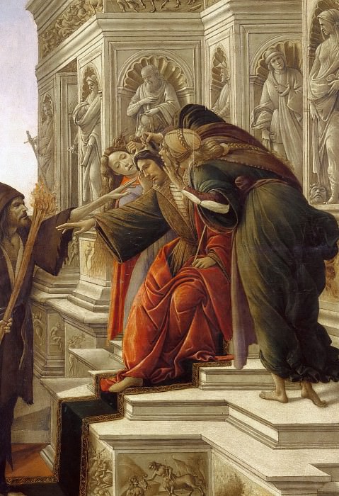 Клевета (фрагмент - Царь Мидас на троне в окружении Подозрения и Невежества). Сандро Боттичелли
