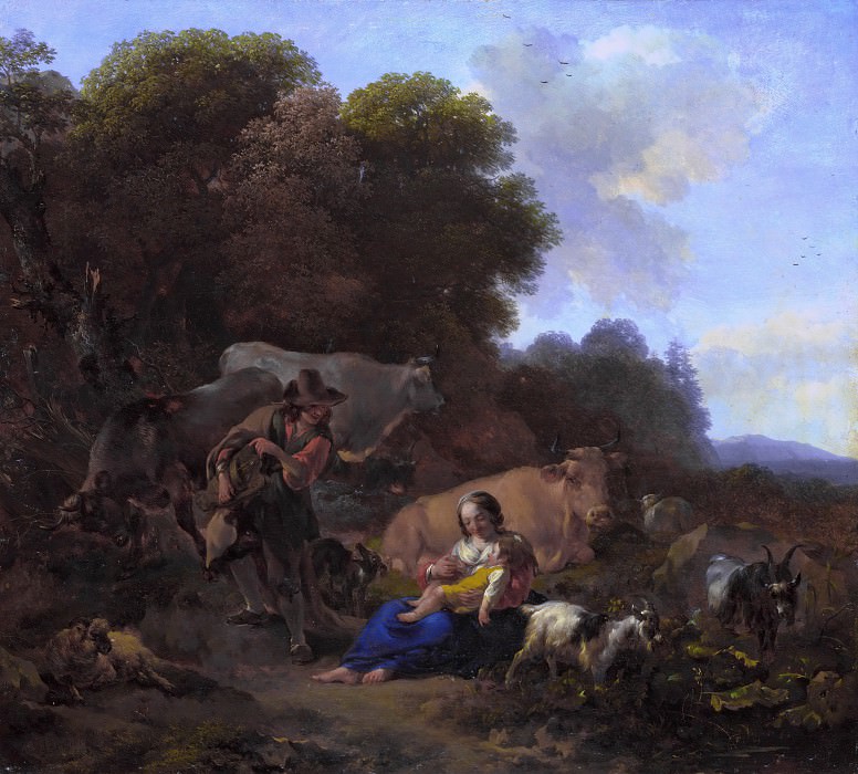 Пейзаж с пастухами (Шарманщик, играющий женщине с ребенком). Николас Питерс Берхем
