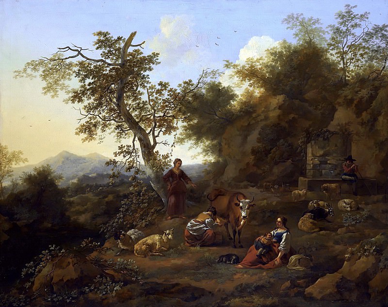 A PASTORAL LANDSCAPE WITH A PEASANT GIRL MILKING AND A SHEPHERD PLAYING THE FLUTE. Nicolaes (Claes Pietersz.) Berchem