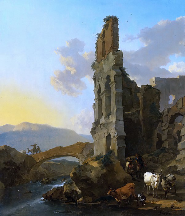 ITALIANATE RIVER LANDSCAPE WITH HERDSMEN BY THE RUINS OF AN AMPHITHEATRE. Nicolaes (Claes Pietersz.) Berchem