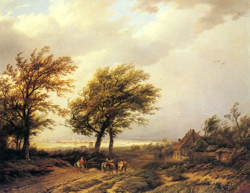 Travellers In An Extensive Landscape With A Town Beyond. Willem Bodemann