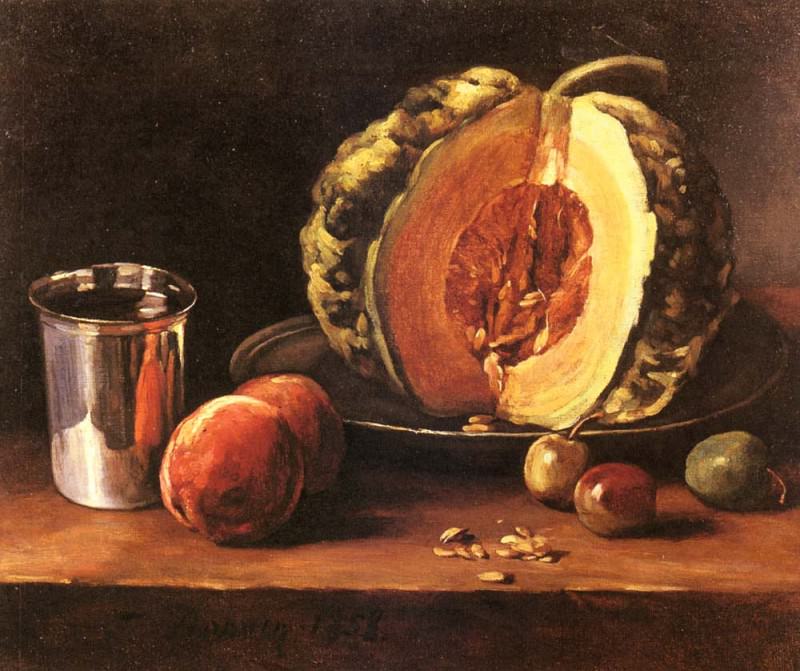 Still Life With A Pumpkin, Peaches And A Silver Goblet on a Table Top. François Bonvin