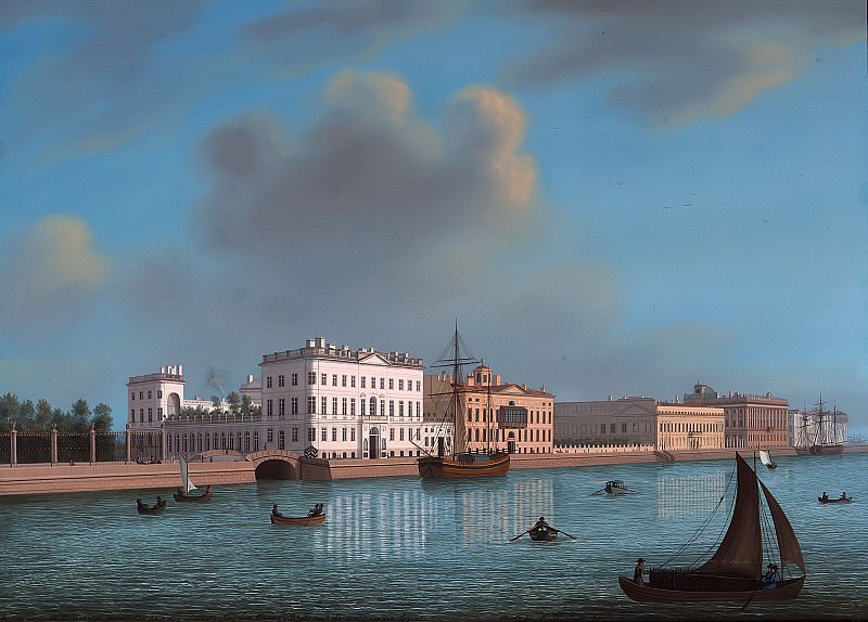 Вид на понтонный мост от Летнего сада до Мраморного дворца и его окрестностей в Санкт-Петербурге. Вильгельм Барт