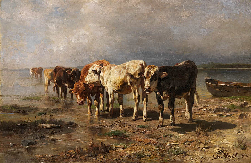 Cows on the lakeshore; Kühe am Seeufer. Anton Braith