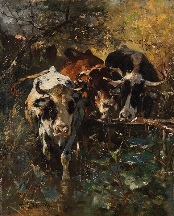 Cows in the forest pasture; Kühe in der Waldweide. Anton Braith