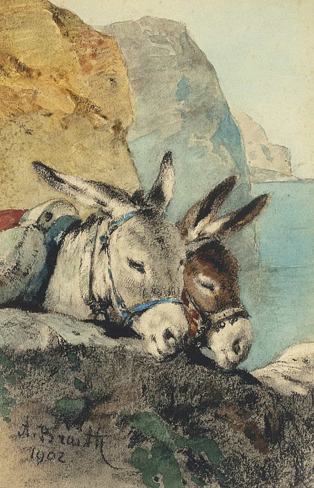 Donkey pair (greetings from Lake Garda); Eselpaar (Gruß vom Gardasee). Anton Braith