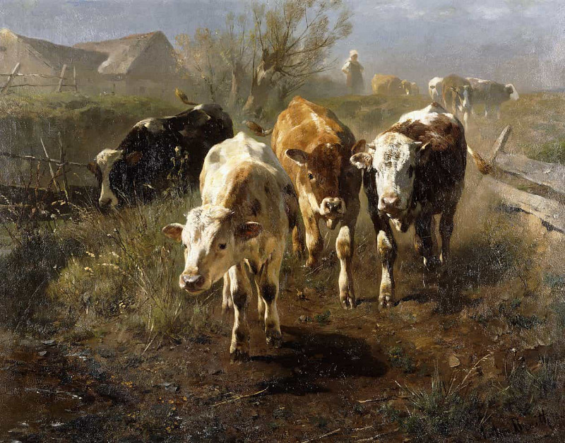 Walk to the drinking trough; Gang zur Tranke. Anton Braith