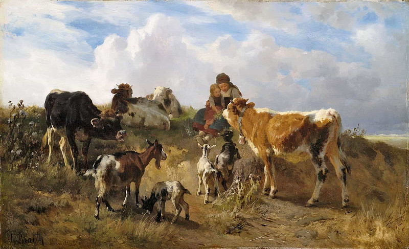 Shepherd’s idyll on a summer pasture with cows and goats; Hirtenidyll auf sommerlicher Weide mit Kühen und Ziegen. Anton Braith