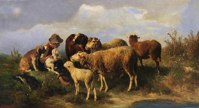 Shepherd boy with sheep; Hirtenjunge mit Schafen. Anton Braith