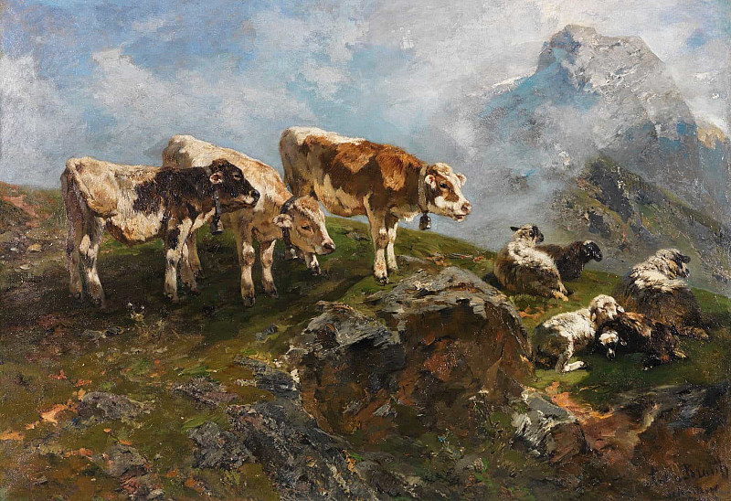 Calves and sheep in the high mountains; Kälber und Schafe im Hochgebirge. Anton Braith