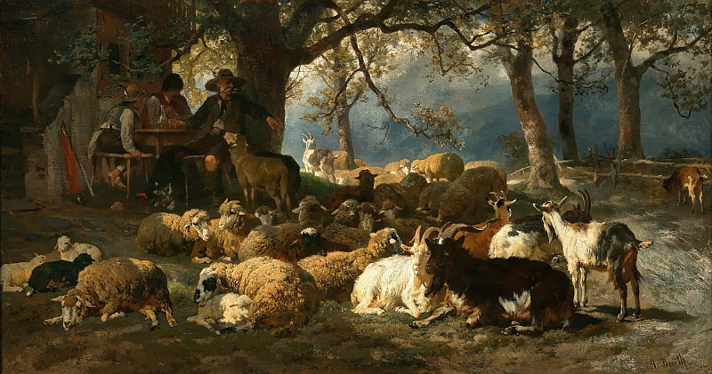 A Shepherd with his Cattle Resting at Noon. Anton Braith