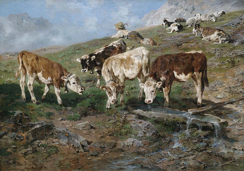 Young cattle at the Klausen Pass; Jungvieh am Klausenpaß. Anton Braith