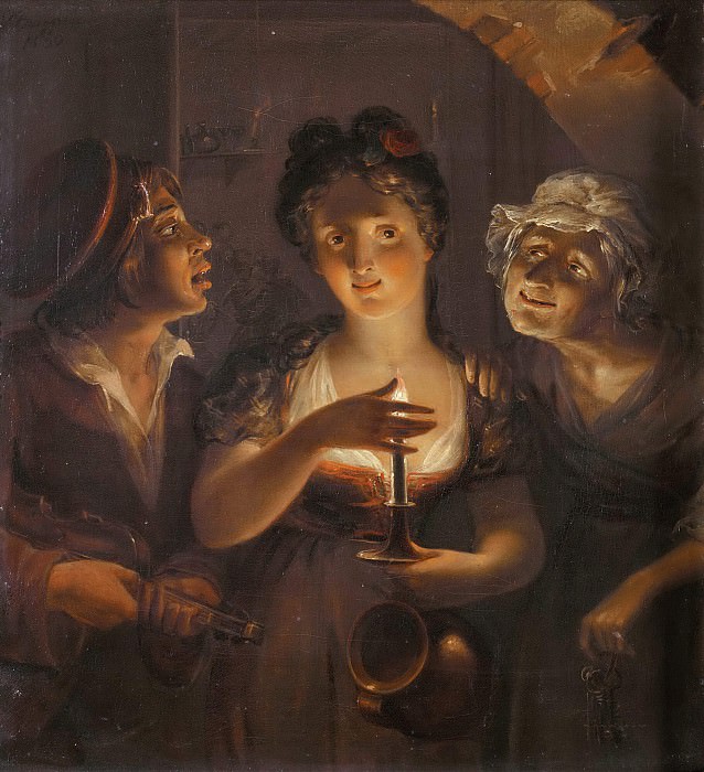 Девушка держит свечу, стоя между скрипачом и старухой