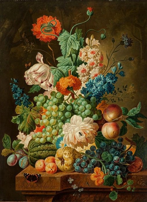 Fruit and Flowers on a Marble Table. Paul Theodor Van Brussel