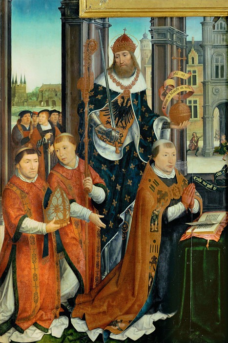 Coronation of the Virgin Triptych, left wing: Emperor Charlemagne and Mythical Kings. Melchoir Broederlam