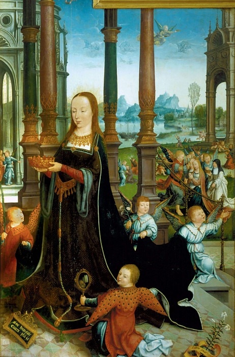 Coronation of the Virgin Triptych, right wing: Lady with a Crown and Angels. Melchoir Broederlam