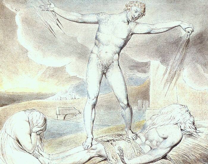 САТАНА, ИЗЪЯЗВЛЯЮЩИЙ ТЕЛО ИОВА, 1826, АКВАРЕЛЬ. Уильям Блейк