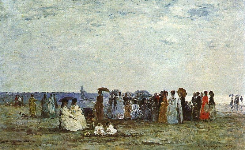 BATHERS ON THE BEACH AT TROUVILLE, 1869, OIL ON WOOD. Eugene-Louis Boudin