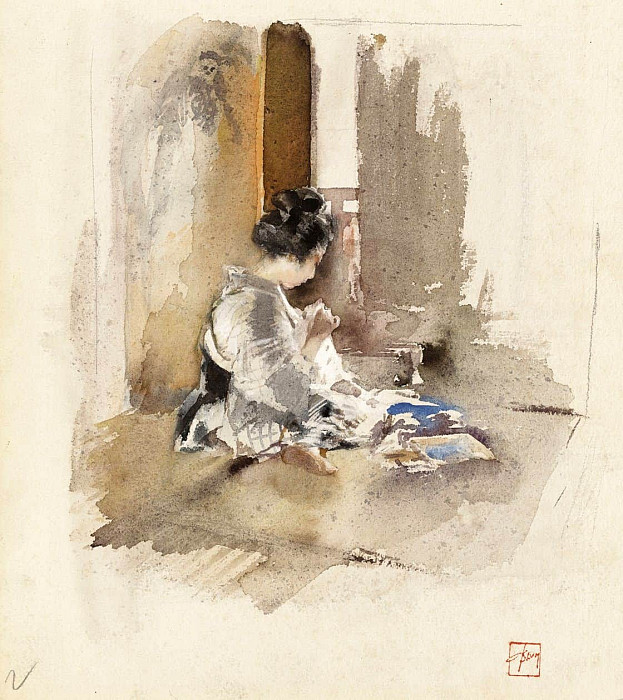 Japanese Girl Sewing. Robert Frederick Blum