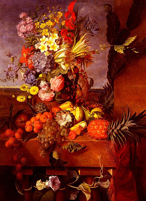 Vase De Fleurs Et Fruits Exotiques Sur Une Balustrade. Emilie Bourbon