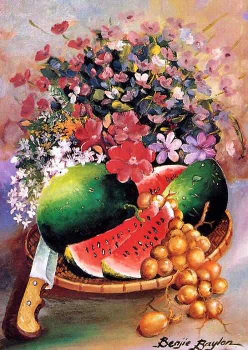 Натюрморт из плодов урожая (нарисовано кистью, зажатой зубами). Бенджи Бэйлон