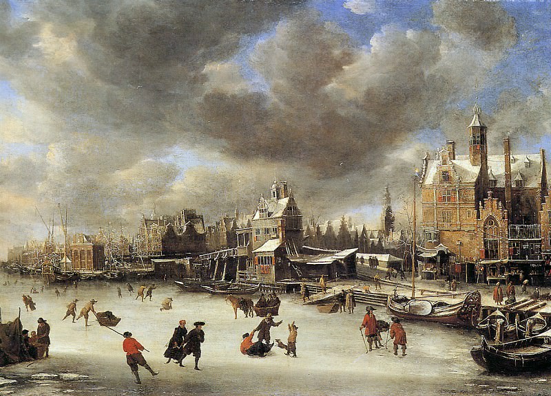 Дом на сваях и мост зимой. Ян Абрахамс ван Берстратен