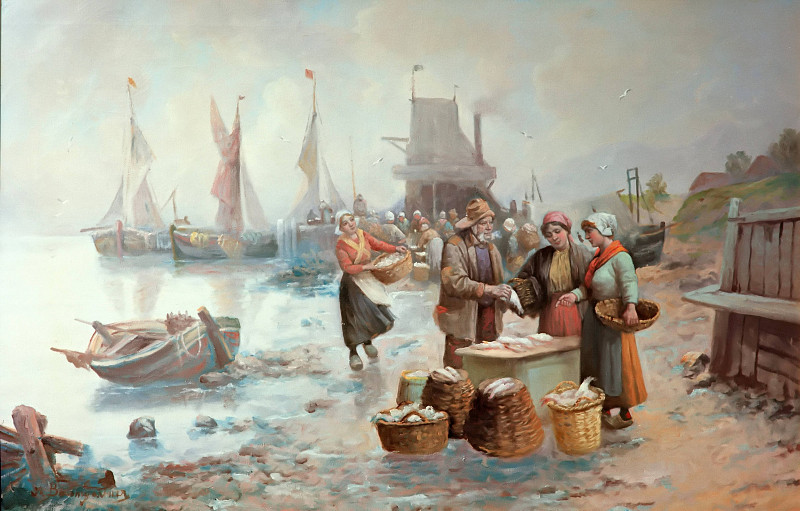 The fish seller; Der Fischverkäufer. Peter Baumgartner