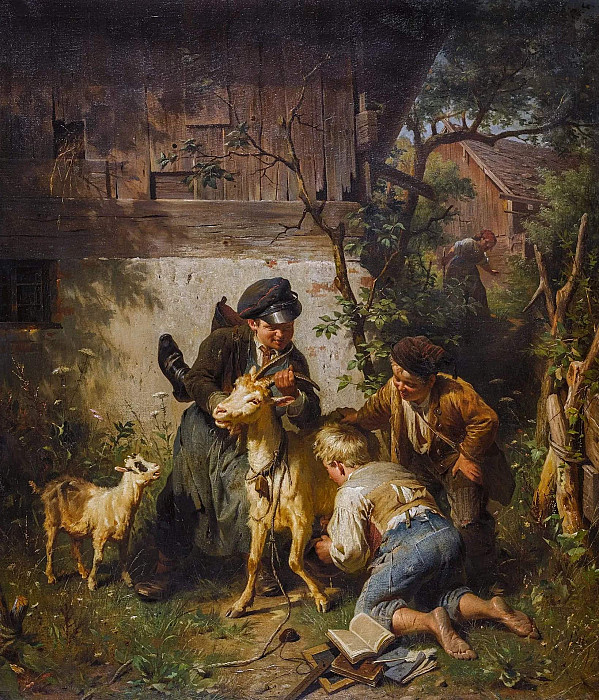 Trio of boys milking a goat. Peter Baumgartner